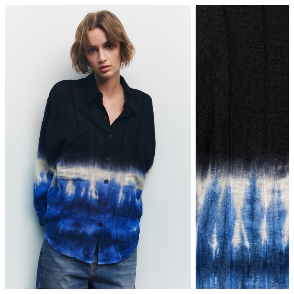 NWT.  Zara Blue Linen Blend Tie Dye Shirt. Size S.
